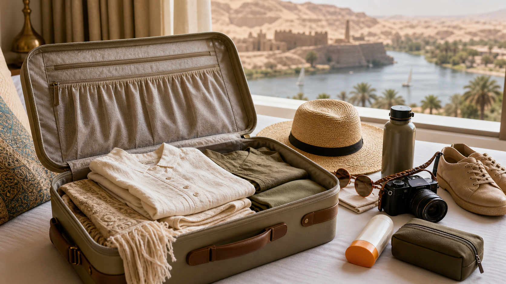 Egypt tour packing essentials with suitcase, camera, hat and travel gear