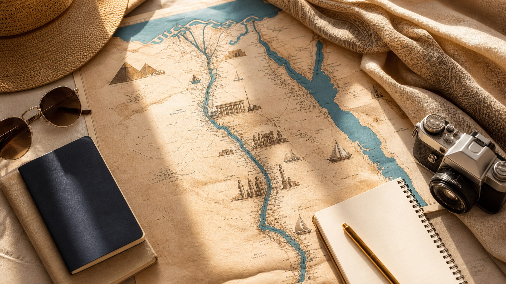 Egypt trip planning essentials with map, passport and travel notebook