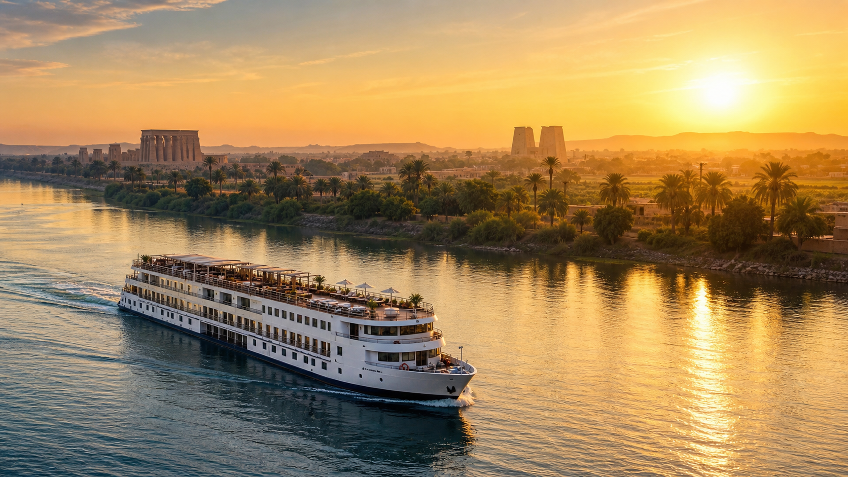 Luxury Nile cruise sailing between Luxor and Aswan at sunset