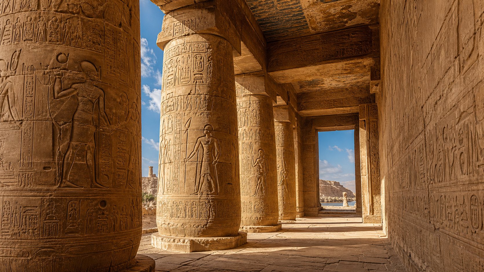 Ancient Upper Egypt temple corridor with columns and hieroglyphs