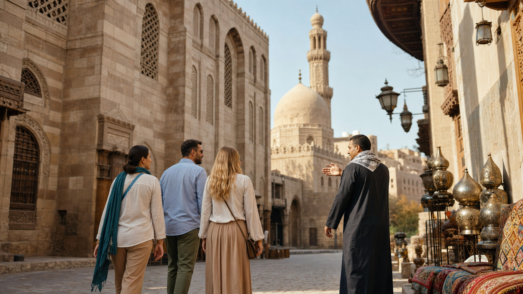 Travelers with a local guide learning Egypt safety and etiquette tips